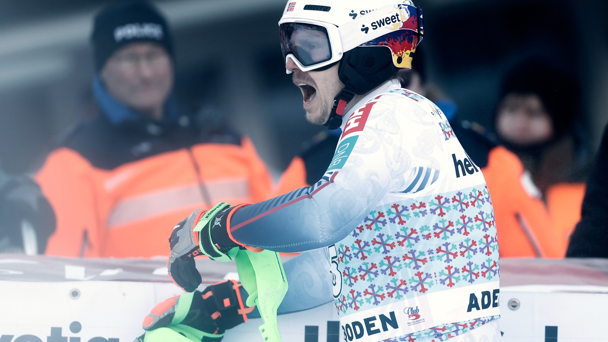Norway's Henrik Kristoffersen reacts at the finish line during an alpine ski, men's World Cup slalom, in Adelboden, Switzerland, Sunday, Jan. 11, 2026. (AP Photo/Gabriele Facciotti)