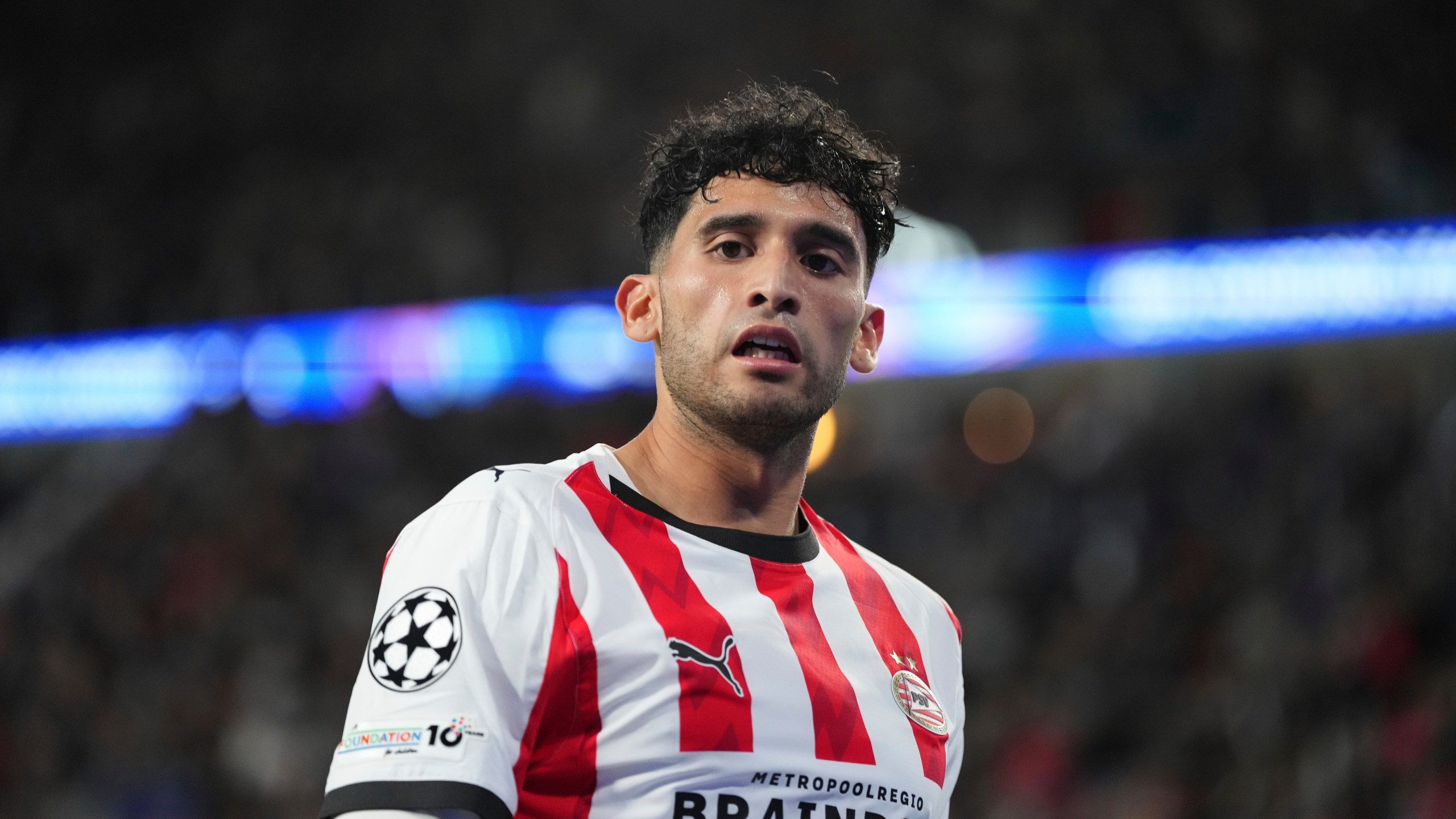 FILE - PSV's Ricardo Pepi reacts after missing a scoring chance during a Champions League opening phase soccer match between PSV and Union SG, at the PSV stadium in Eindhoven, Netherlands, Sept.16, 2025. (AP Photo/Peter Dejong, file)