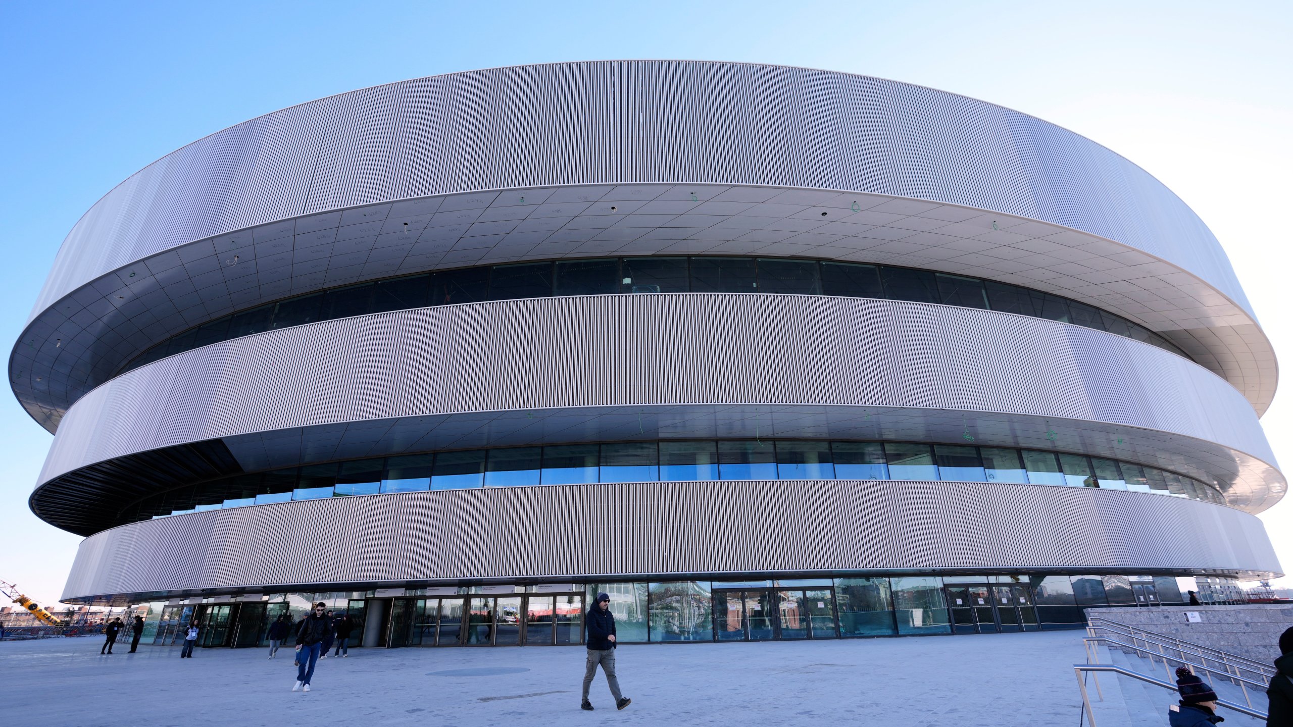 An outside view of the Santa Giulia Ice Hockey Arena, in Milan, where Ice Hockey discipline of the Milan Cortina 2026 Winter Olympics will take place, in Milan, Italy, Sunday, Jan. 11, 2026. (AP Photo/Luca Bruno)
