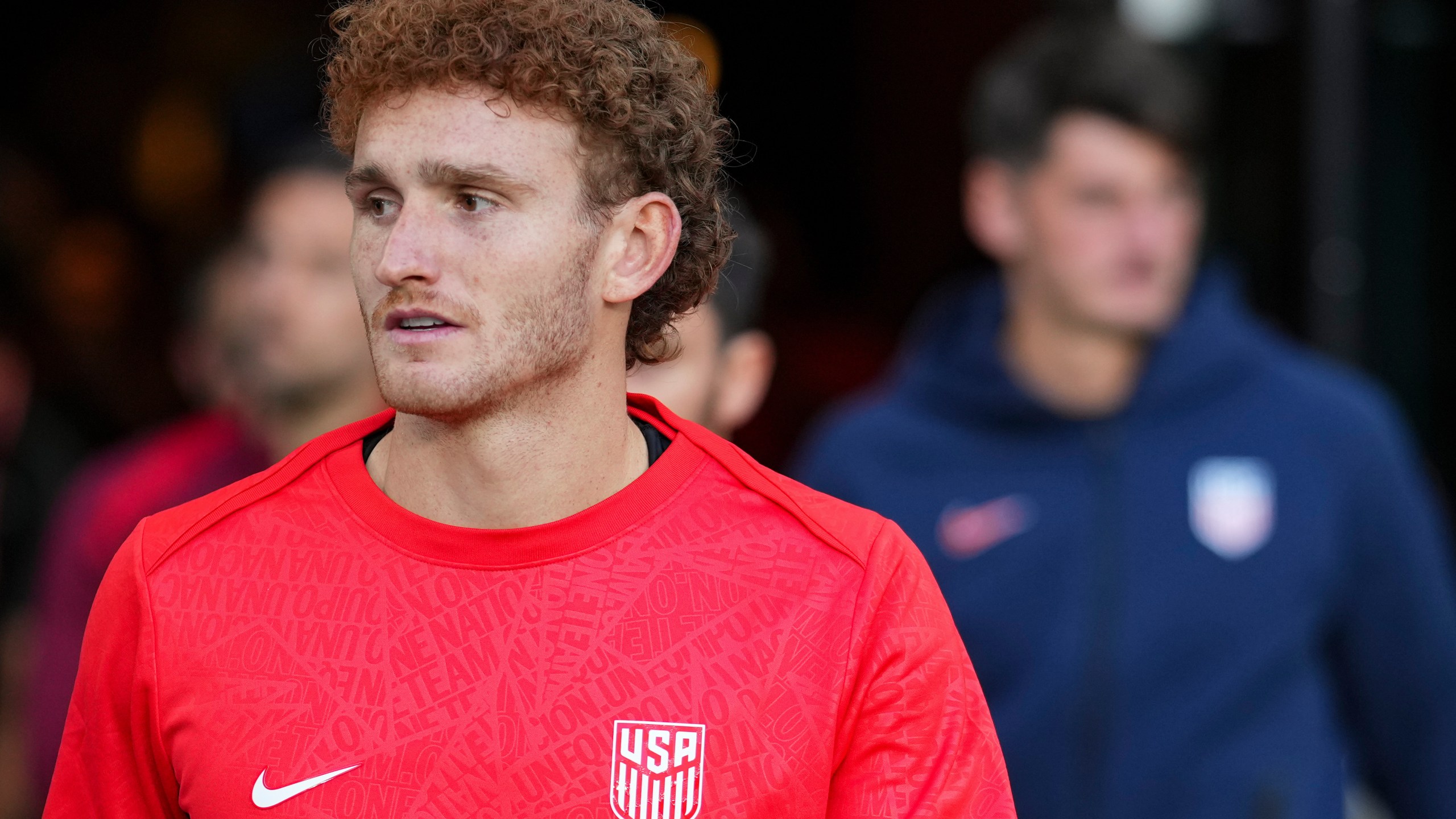 FILE - United States's Josh Sargent looks on prior to a friendly soccer match against Japan, Tuesday, Sept. 9, 2025, in Columbus, Ohio. (AP Photo/Jeff Dean, File)