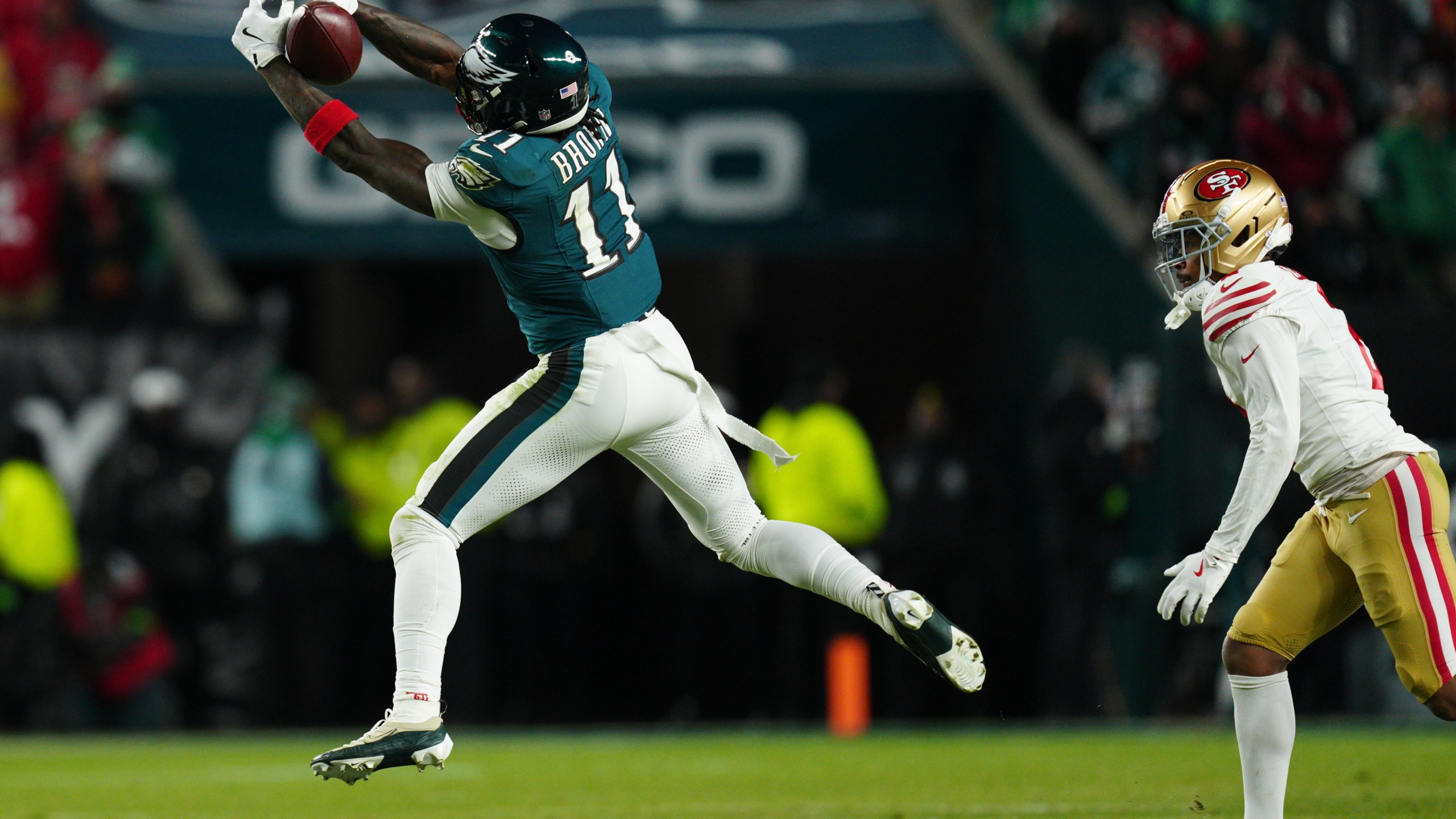 Philadelphia Eagles wide receiver A.J. Brown (11) catch make the catch during the second half of an NFL wild-card playoff football game against the San Francisco 49ers on Sunday, Jan. 11, 2026, in Philadelphia. (AP Photo/Derik Hamilton)
