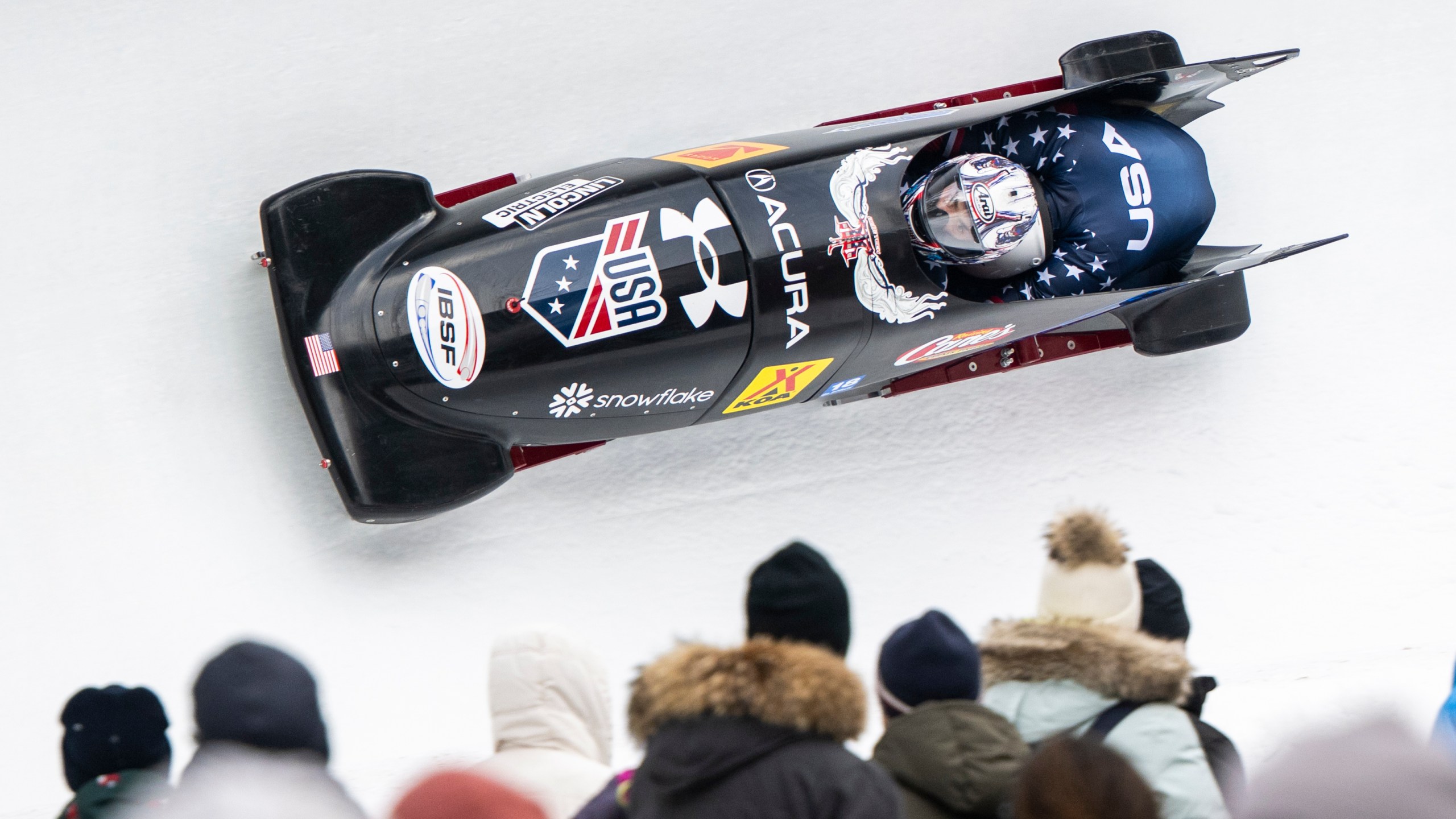 Kristopher Horn/ Carsten Vissering of the USA in action during the Men's 2-Bob World Cup, in St. Moritz, Switzerland, Saturday, Jan. 10, 2026. (Mayk Wendt/Keystone via AP)