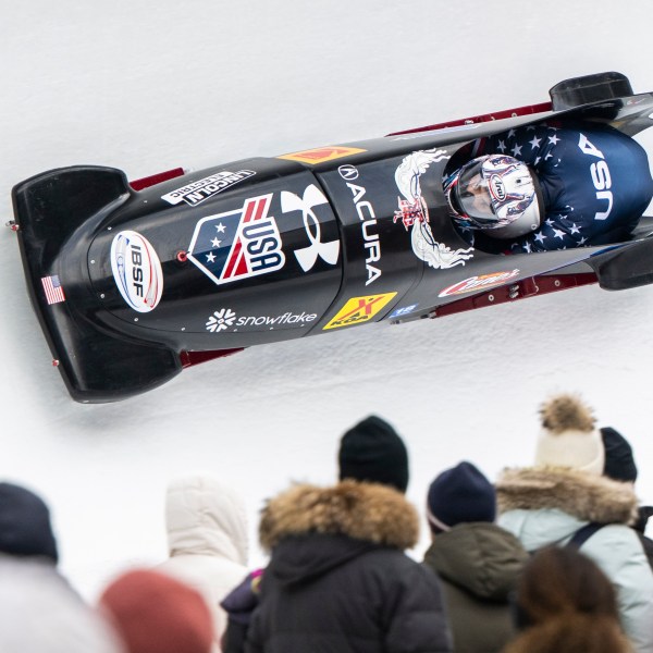 Kristopher Horn/ Carsten Vissering of the USA in action during the Men's 2-Bob World Cup, in St. Moritz, Switzerland, Saturday, Jan. 10, 2026. (Mayk Wendt/Keystone via AP)