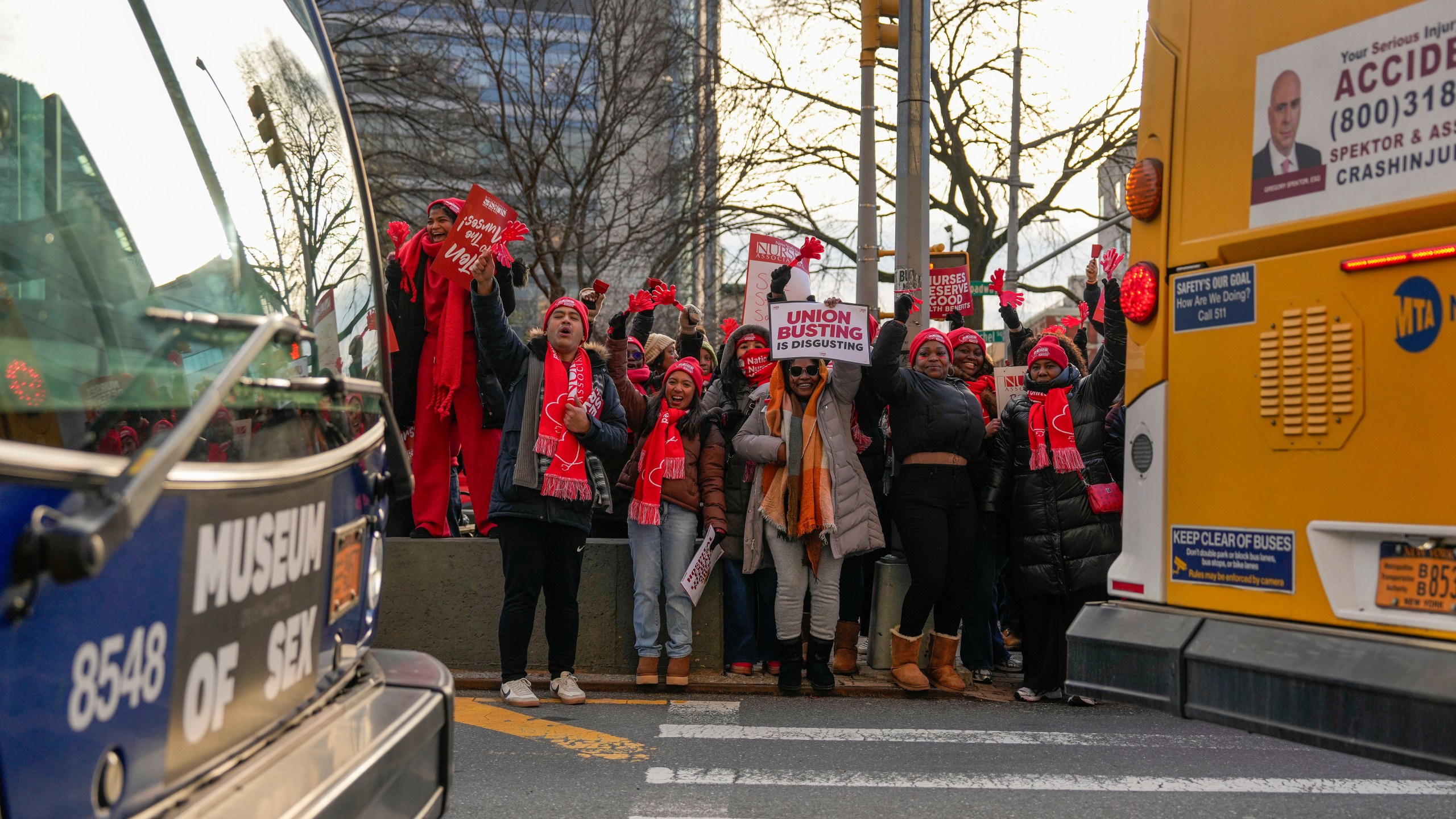 Nurses strike outside New York-Presbyterian Hospital, Monday, Jan. 12, 2026, in New York. (AP Photo/Yuki Iwamura)
