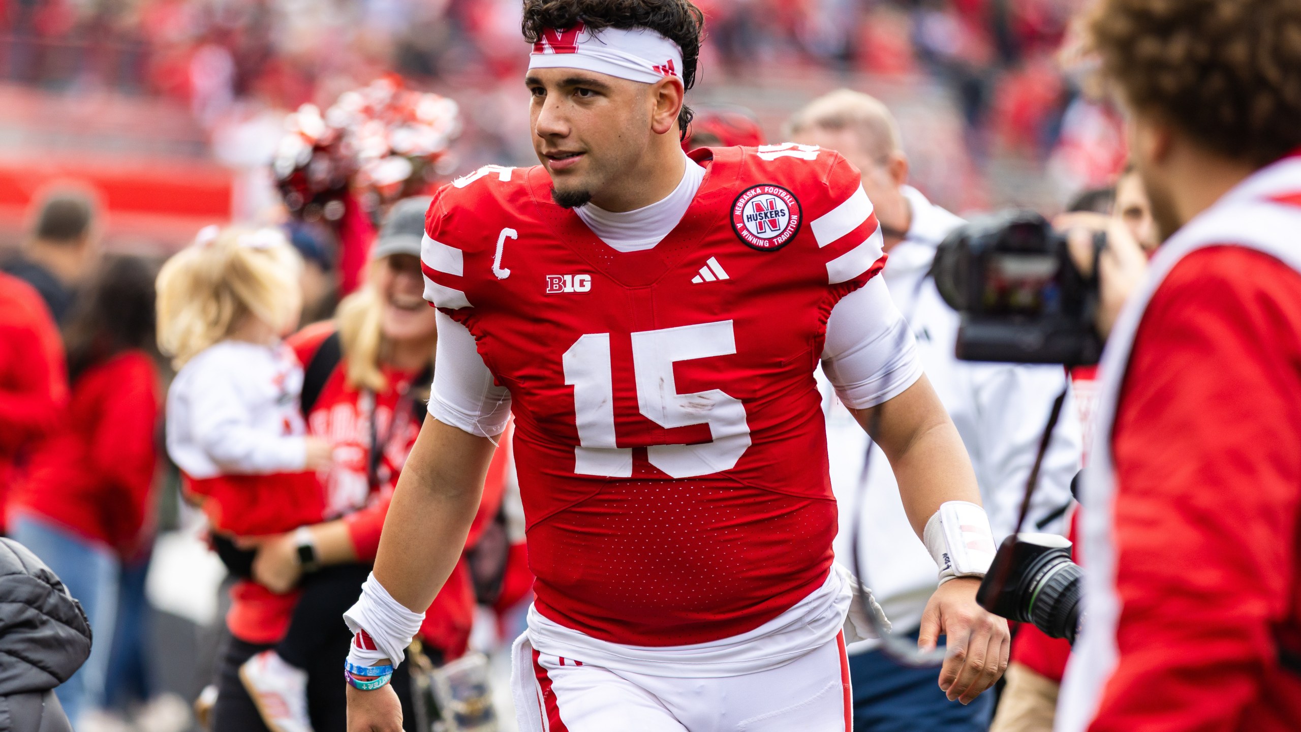 FILE - Nebraska quarterback Dylan Raiola (15) walks off the field after a win against Northwestern in an NCAA college football game, Oct. 25, 2025, in Lincoln, Neb. (AP Photo/Bonnie Ryan, File)