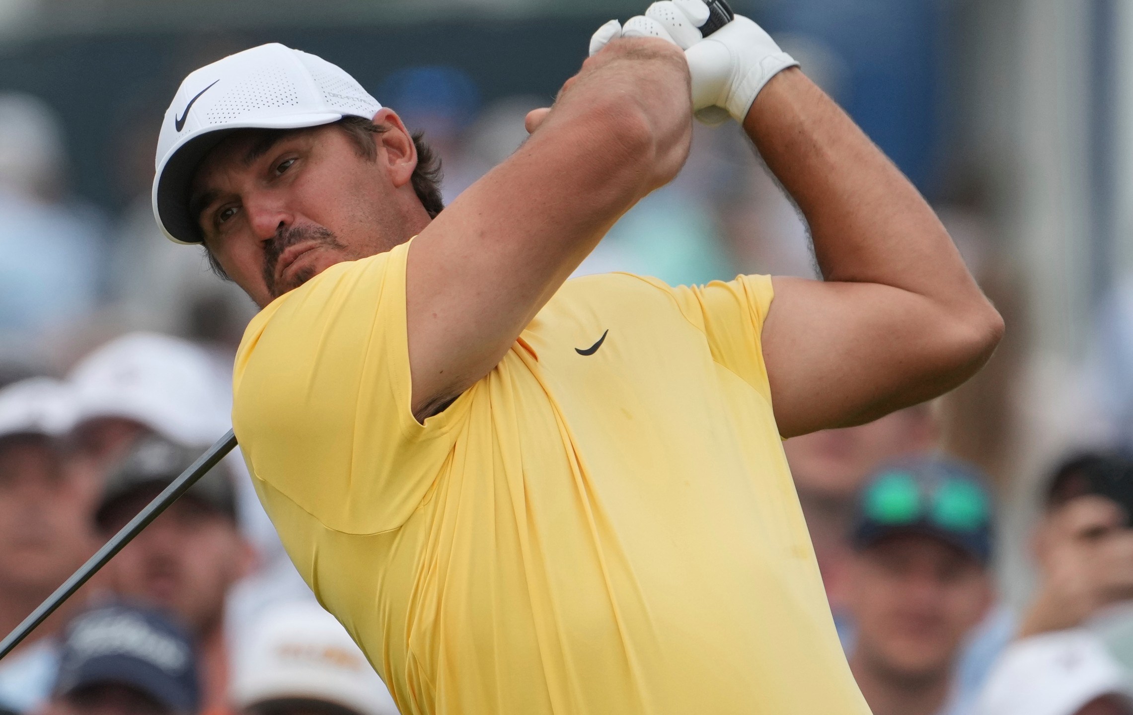 FILE - Brooks Koepka tees off on the 15th hole during the second round of the U.S. Open golf tournament at Oakmont Country Club Friday, June 13, 2025, in Oakmont, Pa. (AP Photo/Gene J. Puskar, File)