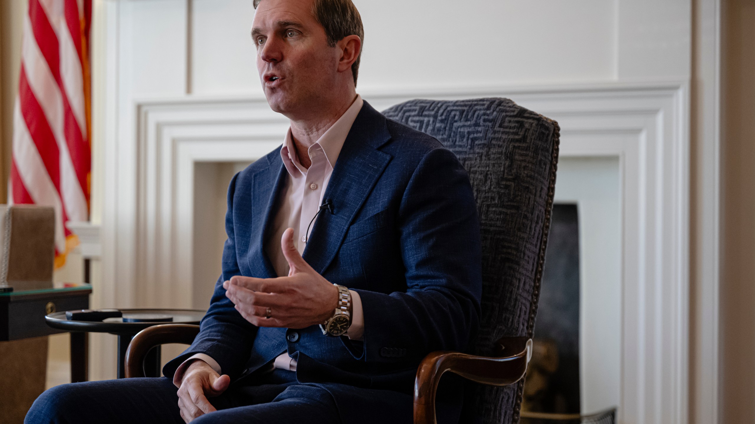 Kentucky Gov. Andy Beshear gives an interview, Monday, Jan. 12, 2026, in Frankfort, Ky. (AP Photo/Jon Cherry)