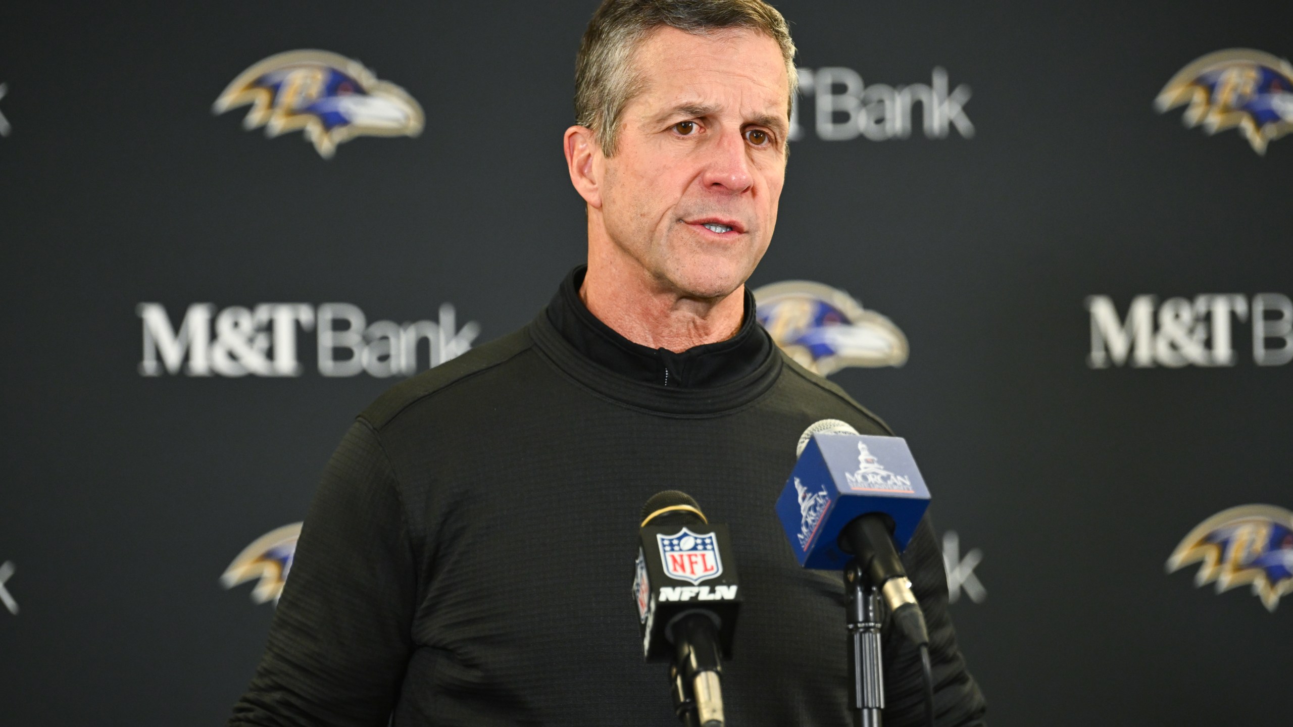 Baltimore Ravens head coach John Harbaugh speaks during a news conference after an NFL football game against the Pittsburgh Steelers, Sunday, Jan. 4, 2026, in Pittsburgh. (AP Photo/Justin Berl)