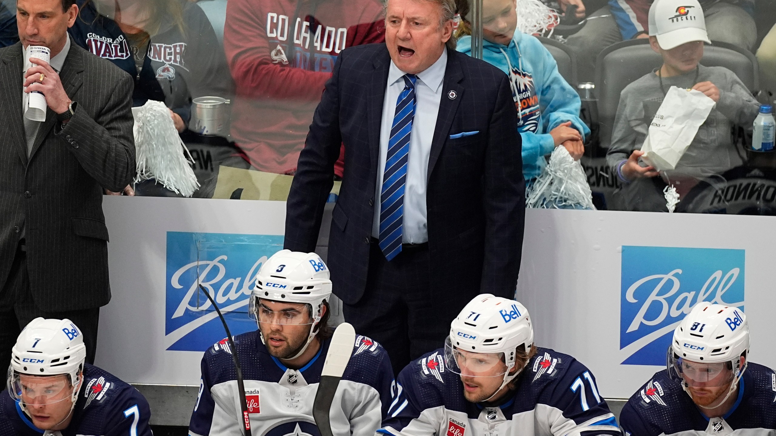 FILE - Winnipeg Jets head coach Rick Bowness yells during the first period of Game 4 of an NHL Stanley Cup first-round playoff series April 28, 2024, in Denver. (AP Photo/David Zalubowski, File)