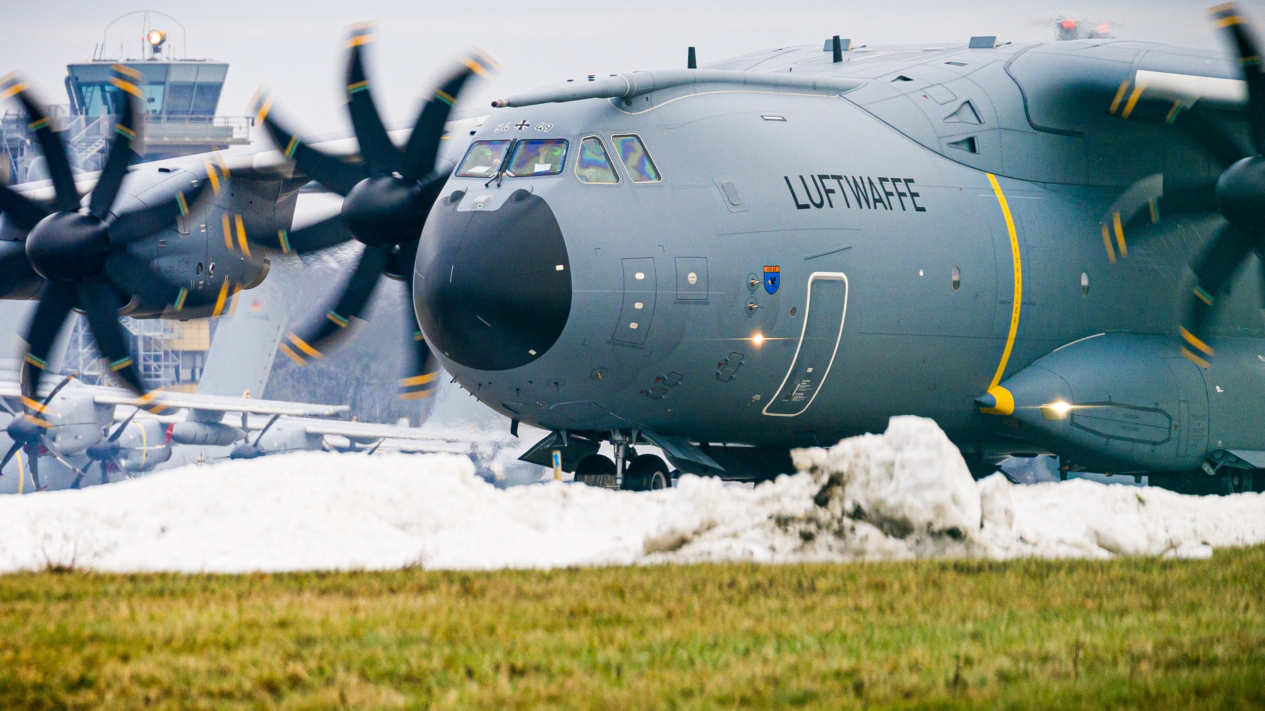 An Airbus A400M transport aircraft of the German Air Force taxis over the grounds at Wunstorf Air Base in the Hanover region, Germany, Thursday, Jan. 15, 2026 as troops from NATO countries, including France and Germany, are arriving in Greenland to boost security. (Moritz Frankenberg/dpa via AP)