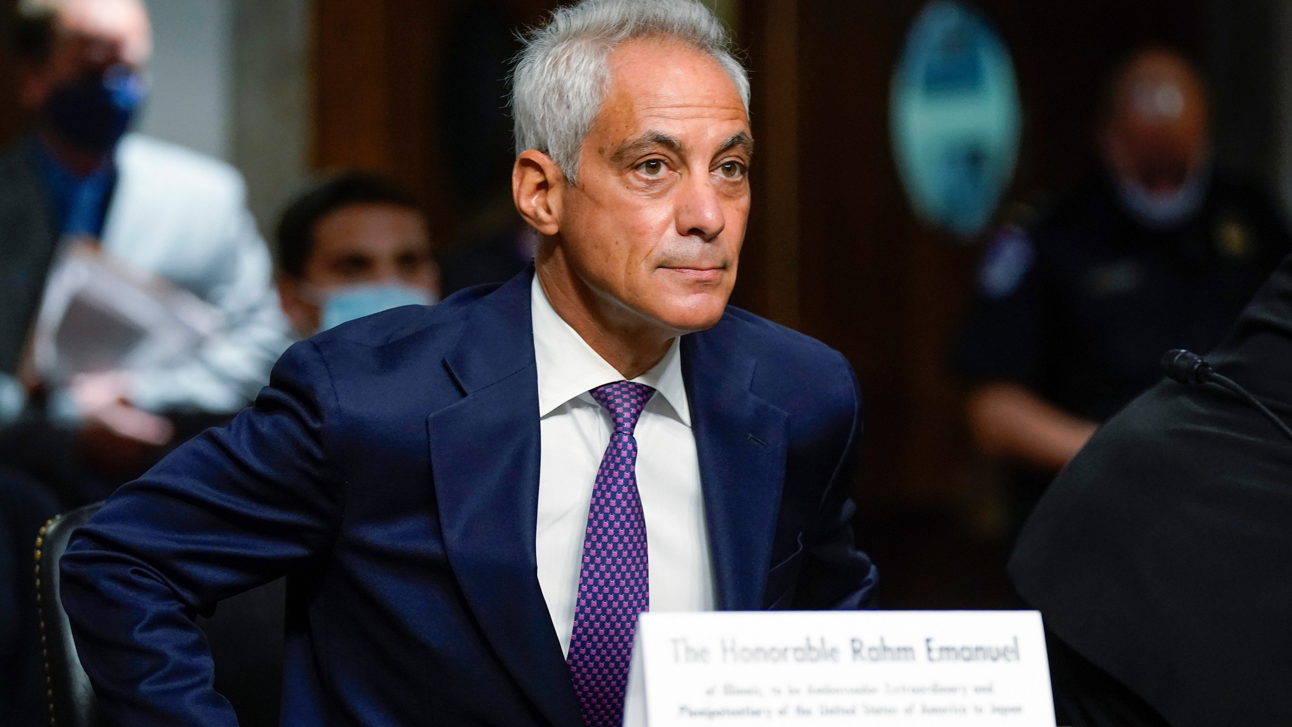 FILE - U.S. Ambassador to Japan nominee Rahm Emanuel arrives for a hearing to examine his nomination before the Senate Foreign Relations Committee on Capitol Hill in Washington, Oct. 20, 2021. (AP Photo/Patrick Semansky, File)