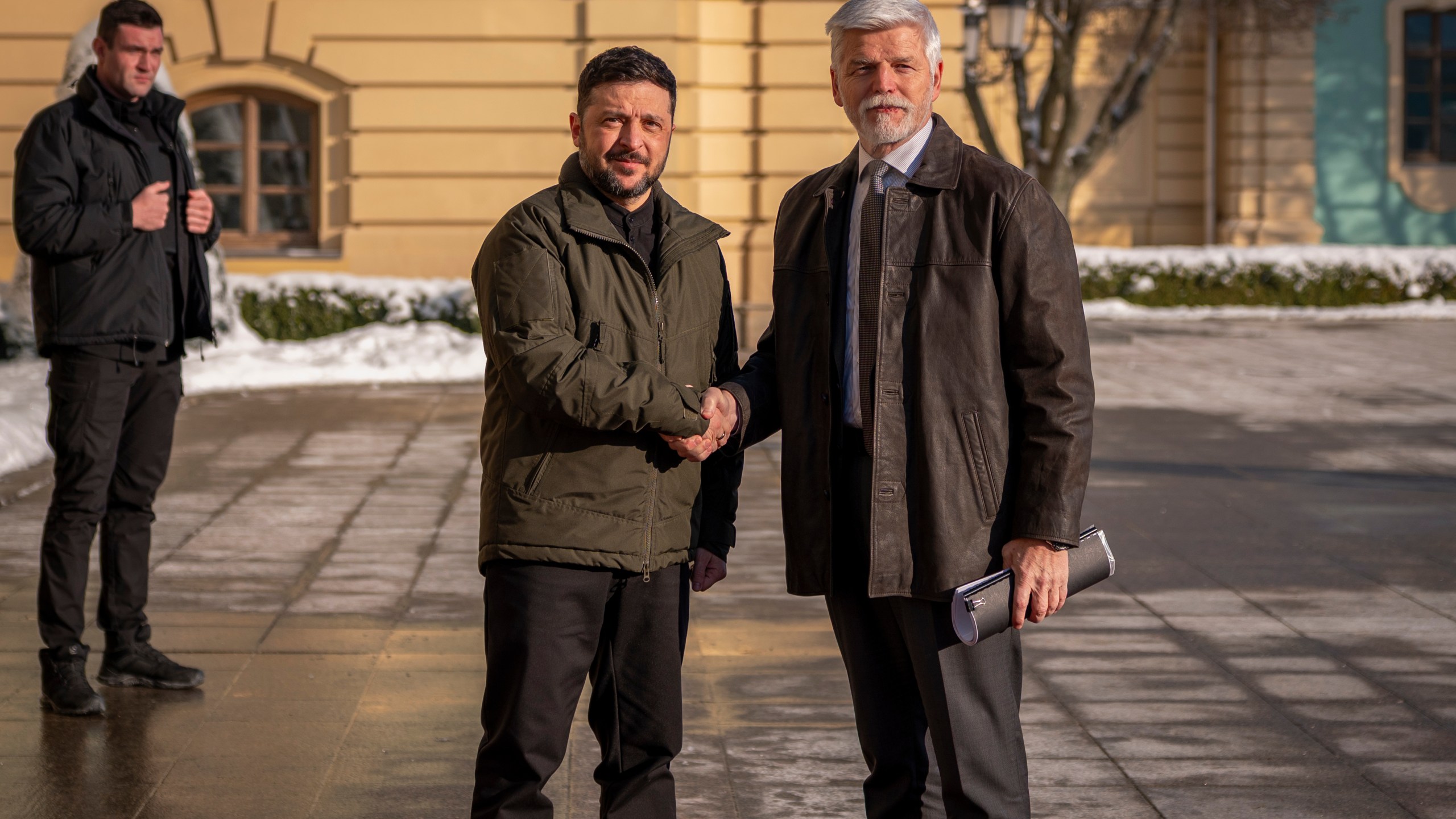 Ukrainian President Volodymyr Zelensky, left, shakes hands with Czech Republic's President Petr Pavel during their meeting in Kyiv, Ukraine, Friday, Jan. 16, 2026. (AP Photo/Dan Bashakov)