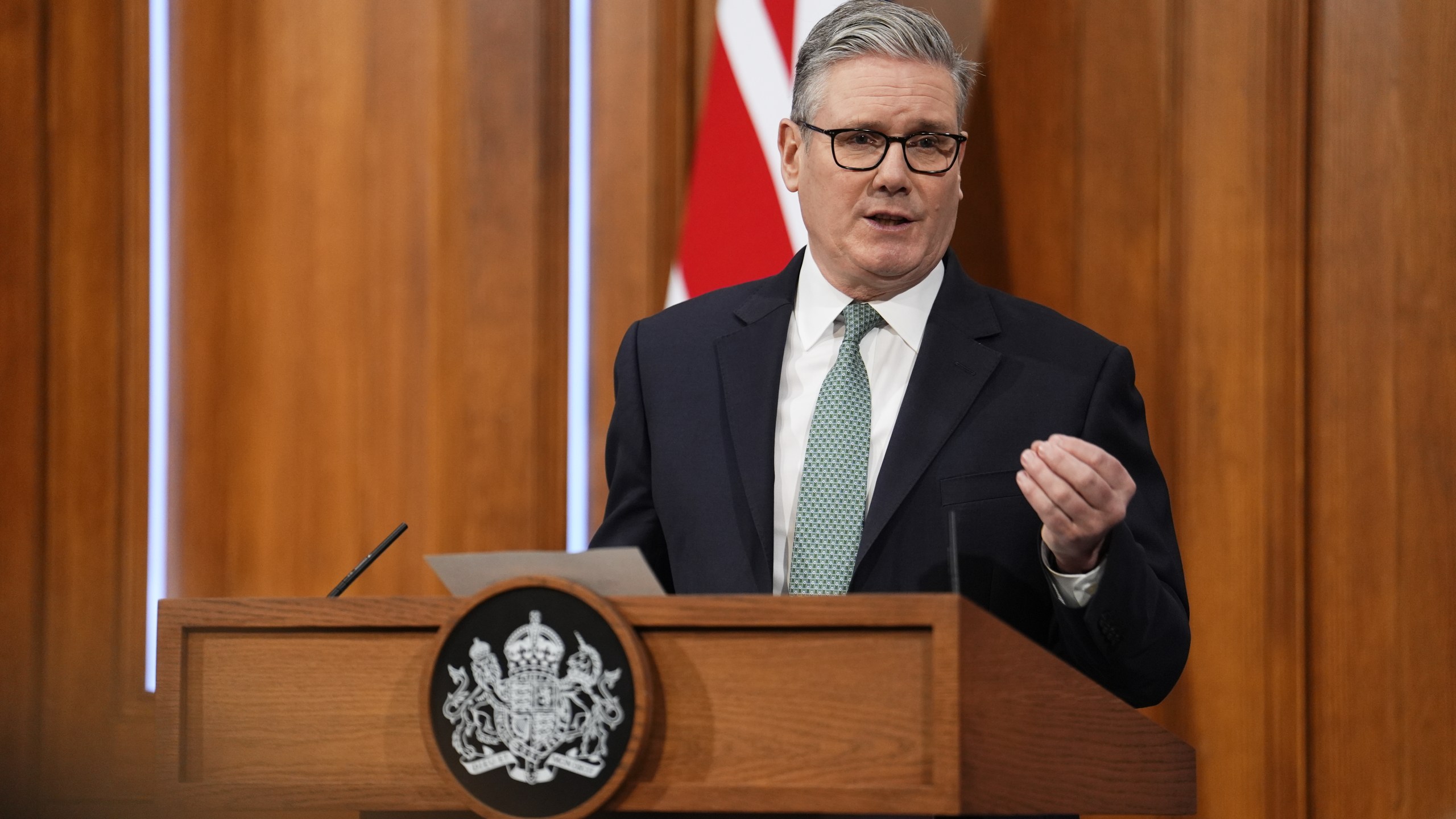 Britain's Prime Minister Keir Starmer delivers a statement in the media briefing room of 9 Downing Street, in central London, Monday, Jan. 19, 2026. (Jordan Pettitt/Pool Photo via AP)