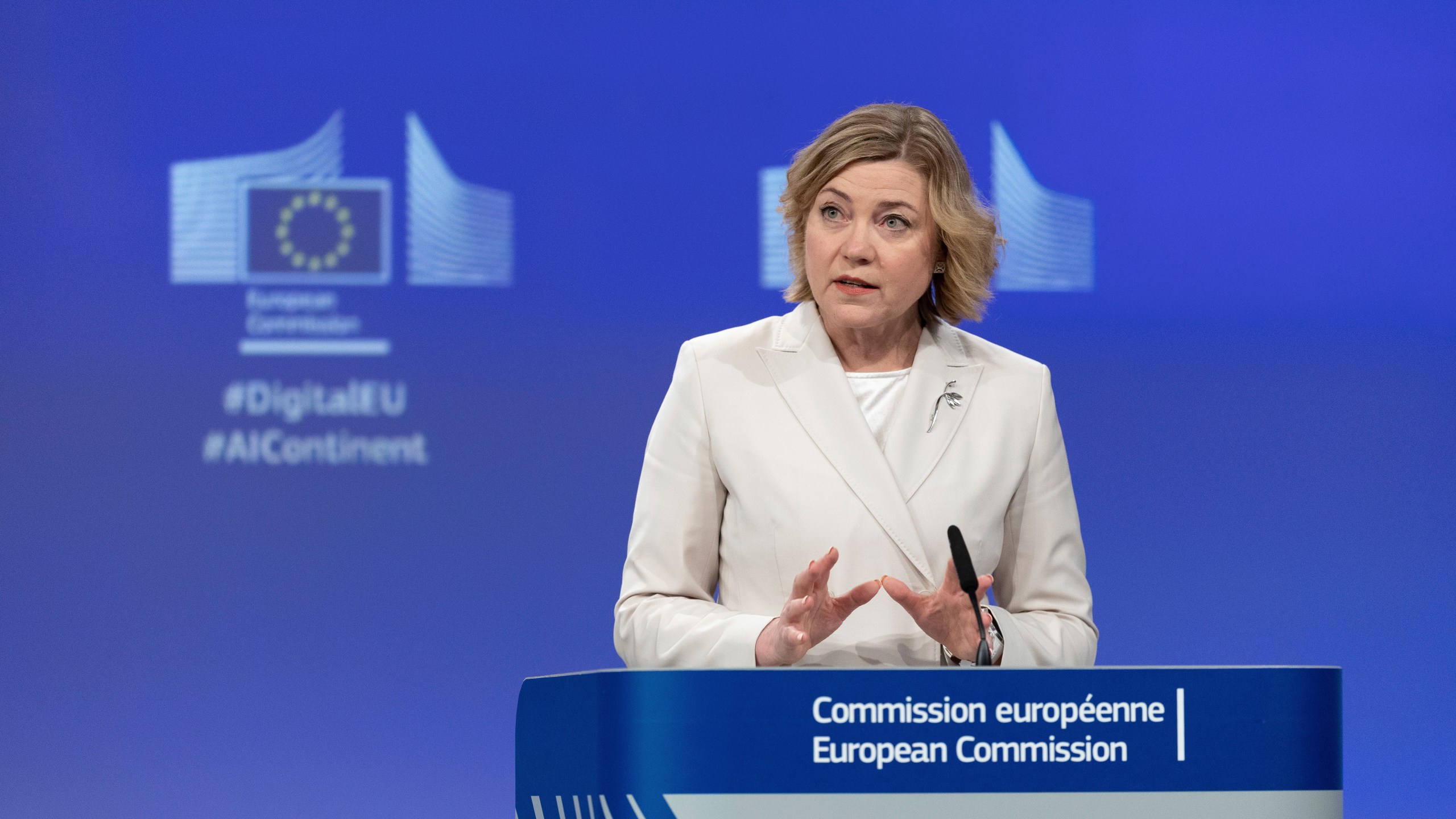 FILE - Henna Virkkunen, European Commissioner for Tech-Sovereignty, Security and Democracy gives a press conference at the end of the weekly meeting of the College of Commissioners at EU headquarters in Brussels, Belgium, on April 9, 2025. (AP Photo/Omar Havana, File)