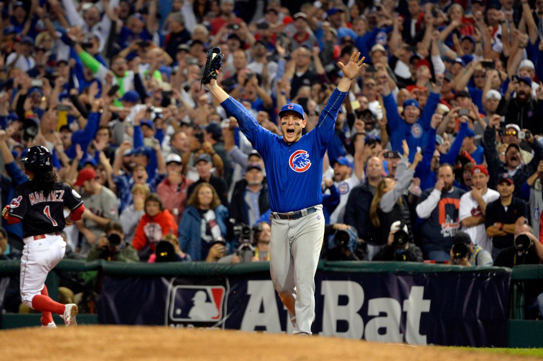 Anthony Rizzo #44 of the Chicago Cubs celebrates on the field at the 2016 World Series