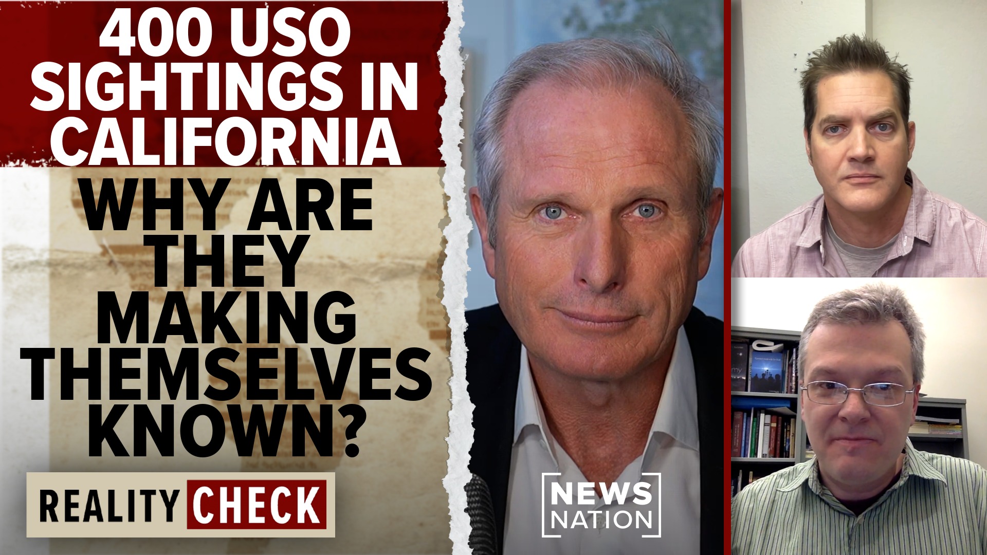 Images shows Ross Coulthart, Dr. Matthew Szydagis and Ben Hansen. Image text reads - 400 USO sightings in California: Why are they making themselves known?