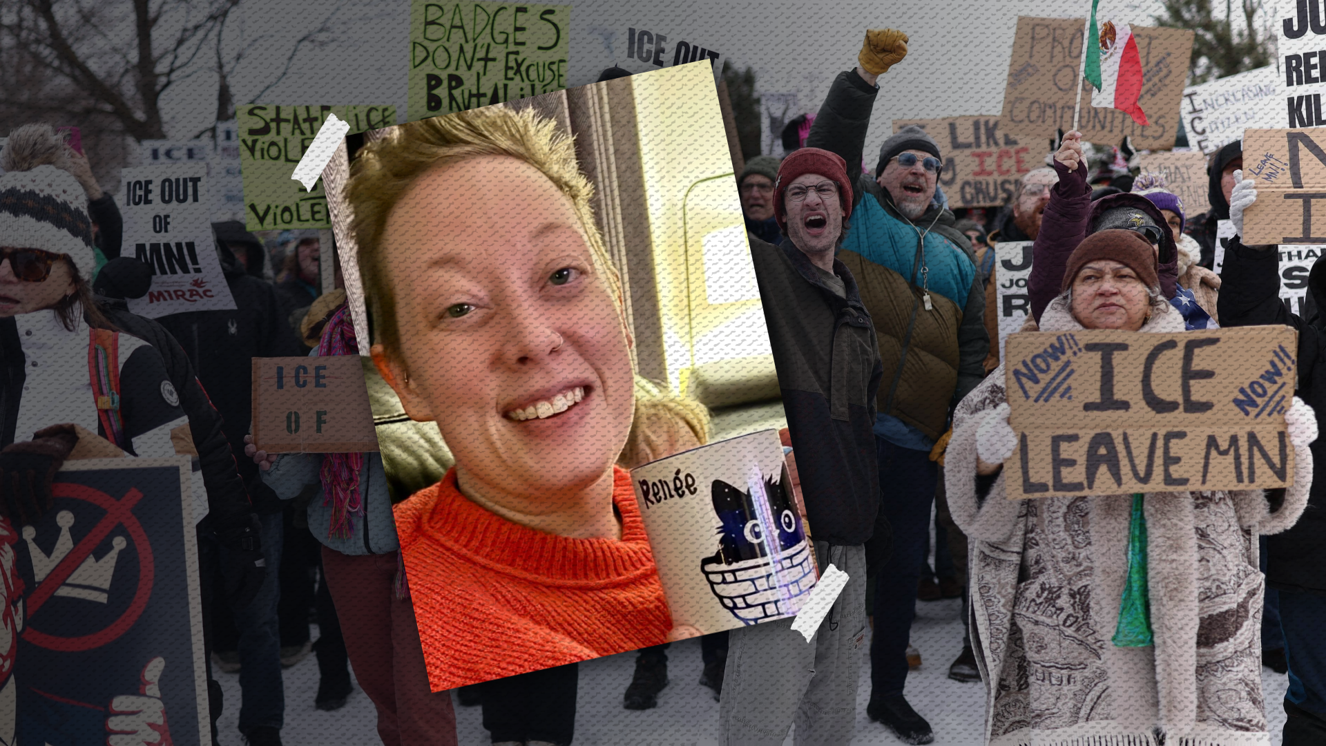 A photo of Renee Good superimposed on a photo of protesters